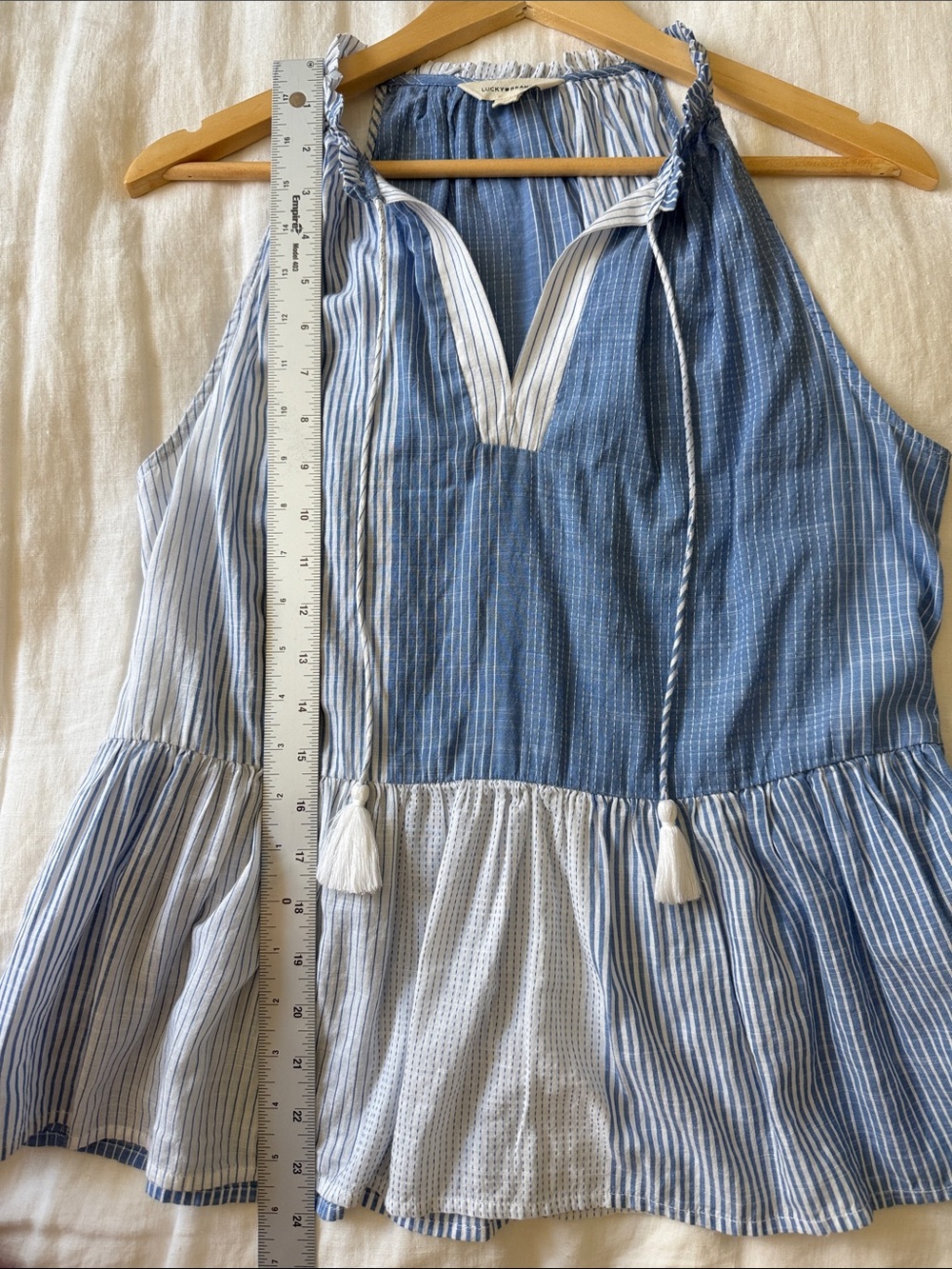 Lucky Brand Blue White Striped Patchwork Tassel Peplum Tank Top Coastal Cotton M - Picture 8 of 8
